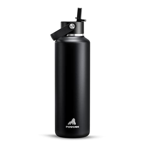 POWCAN 24 oz Slim Insulated Water Bottle with Straw: Leakproof, Keep Cold 24H, Cupholder Friendly, Top Handle, BPA-free, Stainless Steel Water Bottle for Sport, Travel, School, Gym (Midnight Black)