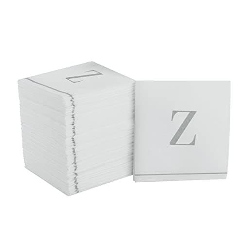 Luxe Party 112 Pack Monogram Cocktail Napkins, Letter Z Initial, Disposable, Premium Airlaid, Linen Feel, Decorative, White and Silver