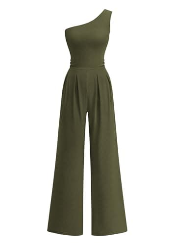 KIRUNDO One Shoulder Formal Jumpsuits For Women Dressy,Army Green,L | One Piece Ribbed Knit Wide Leg Rompers, Sleeveless Front Pleated, Ruched Waist, Two Pockets, Elegant Cocktail Party Outfits