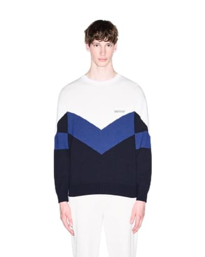 Armani Exchange Men's Chevron Crew Neck Sweater, Off White and Blue Depth, XX-Large