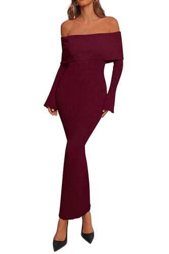 dowerme Women Off The Shoulder Bodycon Maxi Sweater Dress,Burgundy,XXL | Formal Bell Long Sleeve Wedding Guest Dresses,Fall Fashion Ribbed Knit Prom Party Outfits,Cozy Chunky Fitted Winter Clothing