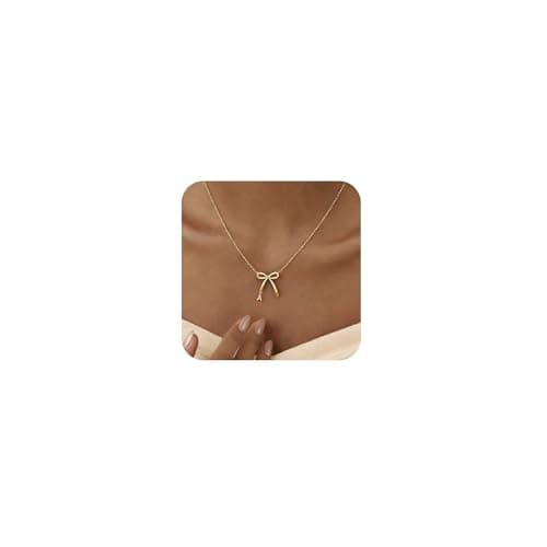 Rumgey 14K Gold Plated Necklace for Women, Bow Necklace Dainty Small Tiny Letter Pendant Necklace Stainless Steel Waterproof Trendy Cute Bow Necklaces Monogram Name Choker Jewelry Gift A