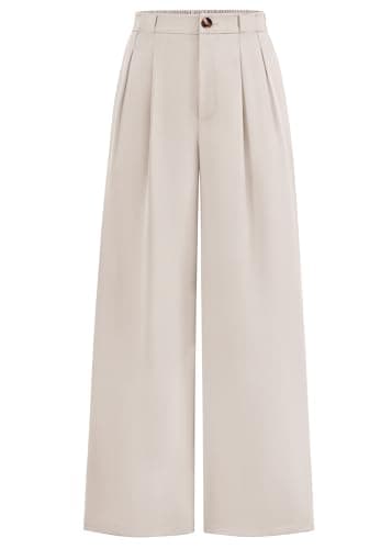 KIRUNDO Wide Leg Pants for Women 2026 Dressy Button Trousers,Beige,M | Elastic High Waisted, Business Casual Palazzo Work Pant, Flowy Pleated Slacks With Pockets, Trendy Daily Travel Fall Outfits