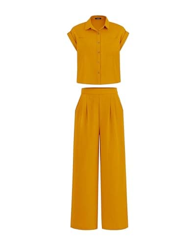 PRETTYGARDEN Womens 2 Piece sets Summer Cap Sleeve Tops Palazzo Pants Dressy Casual Vacation Travel Outfits Tracksuits(Yellow,XX-Large)