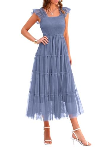 PRETTYGARDEN Women's Summer Smocked Midi Tulle Dress | Sleeveless Square Neck A Line, Flowy Tiered Mesh, Spring Semi Formal Wedding Guest Outfits, Homecoming Prom Party Dresses