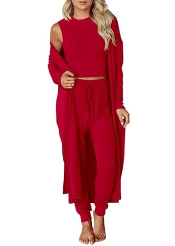 KIRUNDO 3 Piece Lounge Sets for Women Airport Travel Outfit(Red, M) | 2026 Fall Outfits, Long Cardigan, Sleeveless Tank Top Jogger Pants Matching Set, Comfy Loungewear, Airplane Fashion Clothing