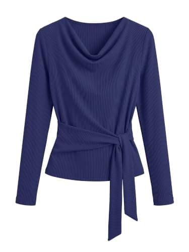 BTFBM Fall Tops For Women Tie Waist Wrap Blouses Business Casual Outfits | Slim Fit Cowl Neck Long Sleeve Shirts, Elegant Dressy Blouse, Fashion Clothing 2026, Daily Wear Going Out Office Work Clothes