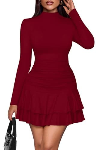 PRETTYGARDEN Women's Y2K Ruffle Layered Bodycon Mini Dress,Burgundy,XXL | Long Sleeve Mock Neck Ruched A-Line Fall Clothes 2026,Ribbed Knit Party Wedding Guest Cocktail Dresses,Winter Vacation Outfit