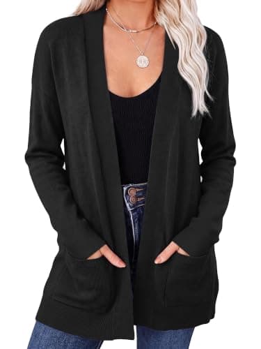 KIRUNDO Long Cardigans for Women Trendy Sweater with Pockets(Black, M) | Fall Lightweight Knit Sweater, Loose Drop Shoulder Coat, Basic Casual Office Work Outfits, Fashion Winter Layering Daily Wear