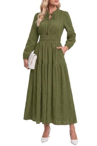 dowerme Women Casual Long Sleeve Ruffle Cotton Maxi Dress,Army Green,L | V Neck Tie Front Elastic Waist Sundress, Formal Wedding Guest Long Dresses With Pockets, Fall Fashion Beach Vacation Clothes