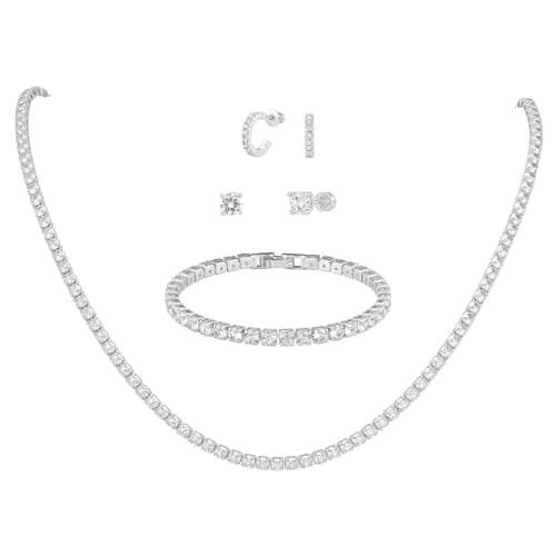 KSF Silver Necklaces Bracelets Earring Set - Trendy Fashion Jewelry Gift | Cubic Zirconia Tennis Design, 4PCS Sets, Party Prom Bridal Wedding Valentine's Day Christmas Birthday Gifts for Women