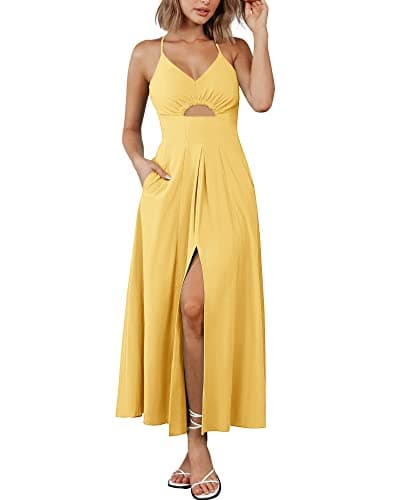 BTFBM Women 2026 Spaghetti Strap Midi Summer Dresses,Yellow,S | V Neck Sleeveless Cutout Sundresses,Front Slit,Pocket,Beach Vacation Outfits,Resort Wear,Homecoming,Wedding Guest Maxi Dress