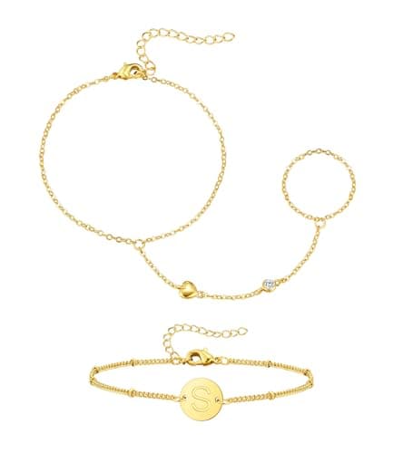 doubgood Gold Bracelets for Women, Hand Chain Ring Bracelet Stack with Initial S Letter Charm 18K Gold Plated Stretch Hand Jewelry Gifts for Women