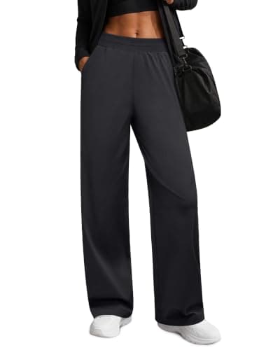 G4Free Wide Leg Athletic Pants for Women with Pockets Black,L,Regular | Soft & Lightweight,Moisture-Wicking,Light Stretch,Textured Stripe Weave,Ribbed Waist,Abrasion-Resistant,Casual Outdoor Wear
