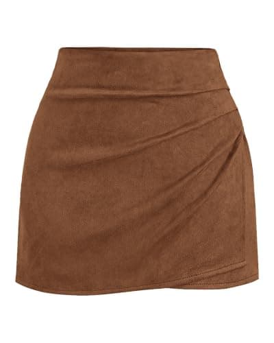 BTFBM Faux Suede Mini Skirts for Women Ruched Wrap Skorts,Brown,M | Elastic High Waisted Skirt With Shorts Underneath, Cute Boho Skort, Holiday Western Concert Outfits, Trendy Winter Fall 2026