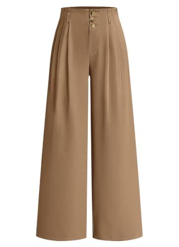 BTFBM Wide Leg Dress Pants Women Business Casual Outfits,Khaki,S | Elastic High Waisted Palazzo Pants, Button Zip Up Closure, Pleated Office Work Trousers With Pockets, Fall Fashion 2026