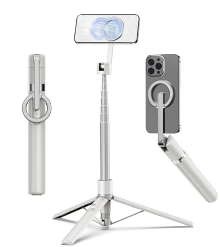 TONEOF 68" Magnetic Aluminum Phone Tripod Selfie Stick for iPhone & Android | Rechargeable Remote,360° Rotatable Foldable Cell Phone Stand Holder with Metal Ring,Travel Tripod for Magsafe (Beige Gray)