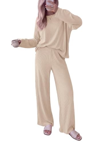 KIRUNDO Going Home Outfit for Mom After Birth 2 Piece Lounge Set(Beige,XXL) | Lightweight Ribbed Knit, Long Sleeve Top Wide Leg Pants Matching Sets, Comfy Loungewear for Casual, Airport Travel Postpartum