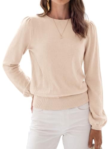 KIRUNDO Puff Sleeve Tops for Women Cute Fall Sweaters,Apricot,M | Lightweight Long Sleeve Tops, Crew Neck Tunic Knit Shirts, Ribbed Hem, Dressy Casual Work Office Blouses, Fashion Clothes
