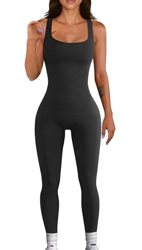 YIOIOIO Womens Workout Ribbed Jumpsuit Yoga Square Neck Leggings Romper | Squat-Proof, Tummy Control, Butt Lifting, Full Length, Seamless Design, 4-Way Stretch
