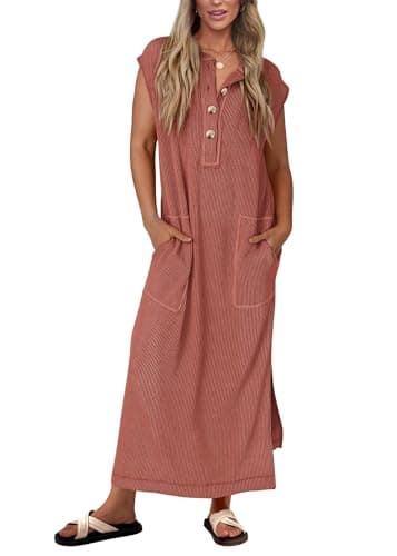KIRUNDO Womens Summer Ribbed Knit Short Sleeve Maxi Dress(Brick Red, M) | 2026 Spring Henley Button Up Knitted Tshirt Dress, Loose Beach Vacation Sundress, Teacher Dress, Loose Fit Nursing Friendly