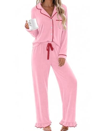Ekouaer Womens Pajama Sets Long Sleeve Sleepwear Button Down Pjs Loungewear | Classic Notch Collar Lounge Sets, Comfy 2 Pieces Ruffle Pants for Home, Party, Wedding, Maternity, Gift