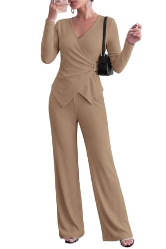 PRETTYGARDEN Women Fall 2 Piece LoungeWear Pant Sets,Khaki,Small | Long Sleeve Wrap V Neck Buckle Tops, Wide Leg Pants With Pockets, Hidden Button At Bust, Ribbed Knit Business Casual Outfits