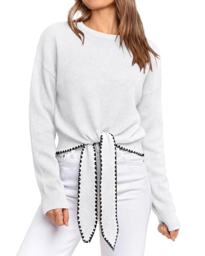 PRETTYGARDEN Casual Long Sleeve Strappy Sweaters for Women,White,XXL