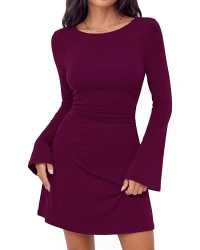 BTFBM Casual Long Sleeve Mini Dresses for Women Fall Dress WR,S Wine Red | Knit,Crew Neck,Bell Sleeves,Polka Dots,Solid,Bodycon,Mini Dress,Party, Prom,Night Out, Club,Cocktail,Fall Clothes