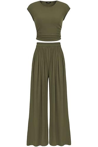 PRETTYGARDEN Women Summer 2 Piece Ribbed Knit Lounge Sets,Army Green,L | Cap Sleeve Crewneck Ruched Fitted Crop Tops,Wide Leg Pant With Pockets,Fall Casual Tracksuit,Spring Travel Vacation Outfits