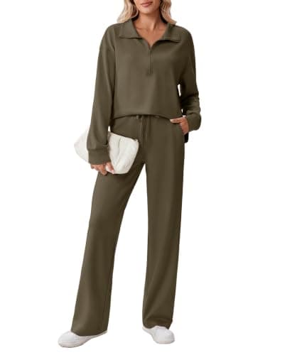 PINSPARK 2 Piece Sets for Women 1/2 Zip Sweatsuit 2026 Matching Outfit Fall | Lightweight Air Layer Fabric, Loose Fit Sweatshirt, Straight Leg Pants with Pockets, Soft Lounge Sets, Airport Outfits Women