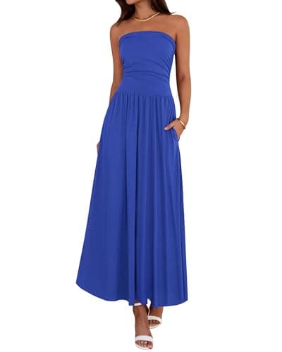 BTFBM Summer Maxi Dresses for Women Strapless Tube Top Dress | Sleeveless Ruched A Line Dresses Pockets, 2026 Trendy, Flowy Long Sundress, Beach Vacation Cocktail Party Wedding Guest Dress
