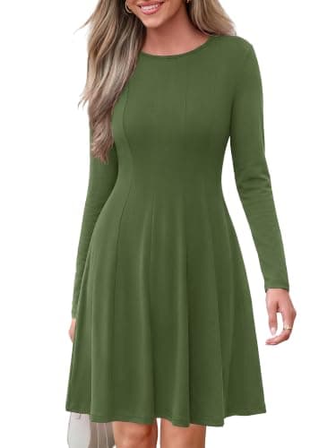 KIRUNDO Fall Dresses for Women Long Sleeve Fit and Flare A Line,Navy Blue | Long Sleeve Dress, Flowy Pleated Knee Length Holiday Winter Dress,Lightweight Stretchy Cute Petite Dresses to Wear with Boots