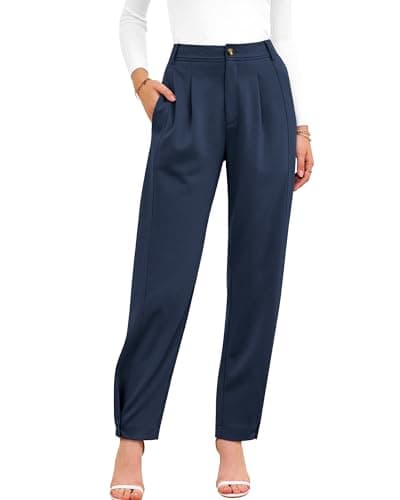 BTFBM Business Casual Outfits for Women Tapered Work Pants,Dark Blue,S | Stretchy Loose Elastic Waist Tapered Slacks With Pockets, Zip Up Front Pleated Trousers, Deco Button Leg Opening, Fall 2026