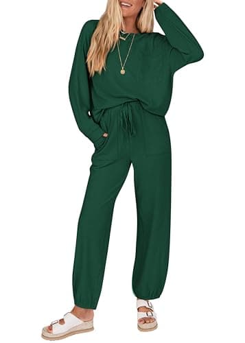 KIRUNDO Womens Lounge Set Postpartum Going Home Outfits(Dark Green, M) | Airport Travel Outfit, Long Sleeve Ribbed Knit Tops Matching Jogger Pants Casual Tracksuit, Work From Home, Fashion Clothing