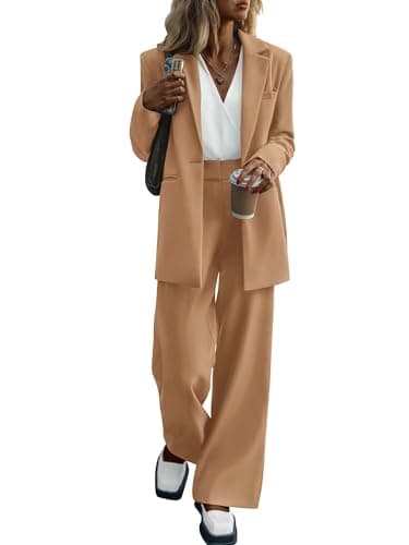 KIRUNDO Women Suits 2 Piece Set Business Dressy Pantsuit(Khaki, S) | Business Casual Outfits, Oversized Blazer Jacket Wide Leg Dress Pants Matching Sets, Work Office, 2026 Fall Fashion Clothing