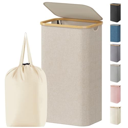 Lifewit 105L Large Laundry Basket with Lid, Removable Bags, Beige | Foldable Laundry Hamper with Bamboo Handles, Tall Laundry Bin, Dirty Clothes Hamper for Laundry Room, Bedroom, Bathroom, Dorm