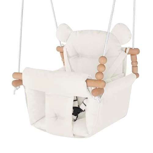 Baby Swing Indoor Outdoor,Secure Canvas Wooden Toddler Swing Seat, 3-Point Adjustable Safety Harness,Mounting Hardware Included,Gift for Boys and Girls,Beige