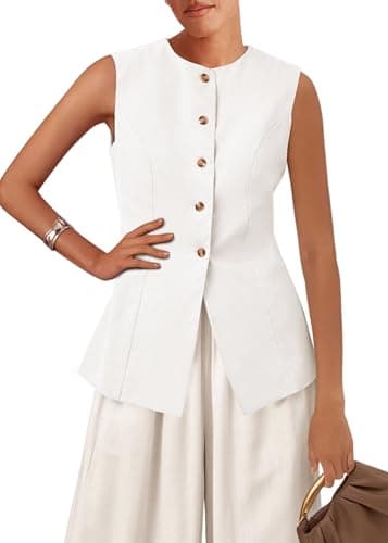 KIRUNDO Vest Tops For Women Dressy Trendy Summer Clothes(White, S) | Business Casual Outfits, Button Up Long Suit Vest, Slim Fitted Sleeveless Blazer Jacket, Work Waistcoat, 2026 Spring Clothes