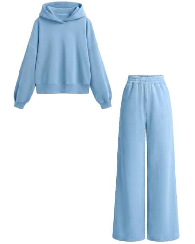 PRETTYGARDEN Women 2 Piece Hoodies Sweatpants Sweatsuits,Light Blue,XL | Long Sleeve Oversized Hooded Sweatshirts, Cotton Wide Leg Sweatpant With Pockets, Fall Workout Sets, Holiday Travel Outfits