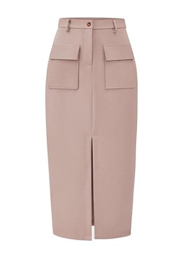 KIRUNDO Womens High Waist Cargo Midi Pencil Skirt(Beige, L) | Business Casual Skirts, Patch Pockets, Front Split, Button Closure, Summer Fall Fashion Clothing, Daily Wear Work Outfits