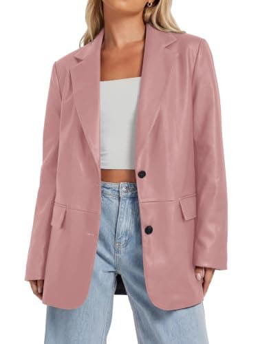 KIRUNDO Faux Leather Blazer Jacket Women With Flap Pockets(Pink, M) | Relaxed Trendy Boyfriend Style Coat, Dressy Business Casual Work Outfits, Chic Fall Winter Clothes For Going Out, Streetwear