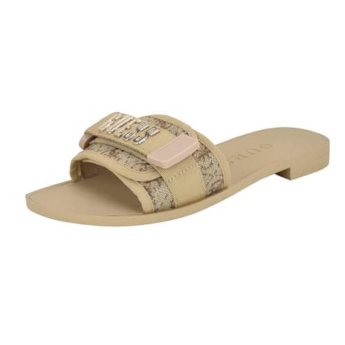 Guess Women's Elyze Sandal, Gold/Brown Logo 710, 8