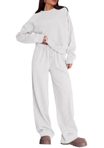 KIRUNDO Sweat Set Women 2 Piece Lounge Sets Airport Travel Outfit, White, S | Womens Sweatsuits 2 Piece Set, Fall Sets,Matching Clothing,Sweatshirt Wide Leg Sweatpants,Workout Athleisure,Jogger Tracksuit