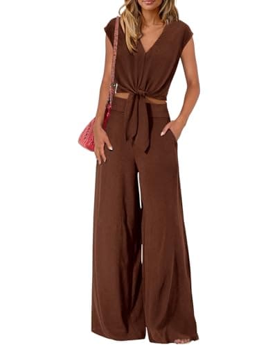 PRETTYGARDEN Womens Summer 2 Piece Outfits 2026 Tracksuit,Coffee,XL | Trendy Cap Sleeve V Neck Belted Crop Tops, Wide Leg Pant Set With Pocket, Fall Dressy Matching Sets, Vacation Travel Outfit