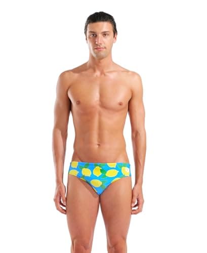 ARENA Performance Men's Lemons Swim Brief Chlorine Resistant Swimwear Athletic Swimsuit Practice Pool Training Competitive Bathing Suit, Turquoise Blue Multi, US Size 34