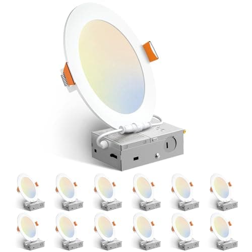 Amico 12 Pack 6 Inch LED Recessed Lighting, Canless Wafer Downlight, White | 5CCT 2700K-5000K, 5%-100% Dimmable, Ultra-thin, Metal housing, 1050LM 12W 120V, IC & Damp Rated, ETL & FCC, 50000h Life Span