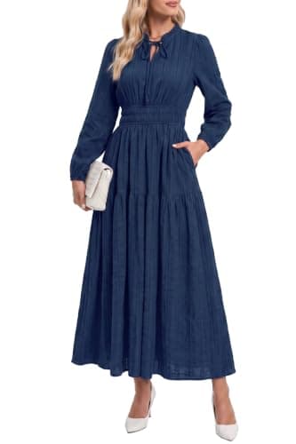 dowerme Women Casual Long Sleeve Ruffle Cotton Maxi Dress,Navy Blue,XXL