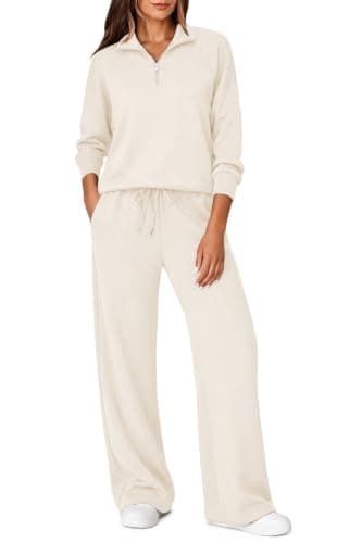 Lazysmile Womens 2 Piece Outfit Comfort Sweatsuit Fall Matching Lounge Sets | Long Sleeve Lapel Half Zip Sweatshirt, Wide Leg Long Pants, Workout Sets, Casual Tracksuit, Fall Outfits Pockets