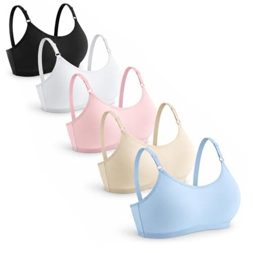 Yitoco Girl's Training Bra Cotton Adjustable Spaghetti Strap Sport Underwear Stretch Performance 5-Pack(Pink+Skin+White+Light Blue+Black,YOBA0001-P/S/W/BL/B-5CM)